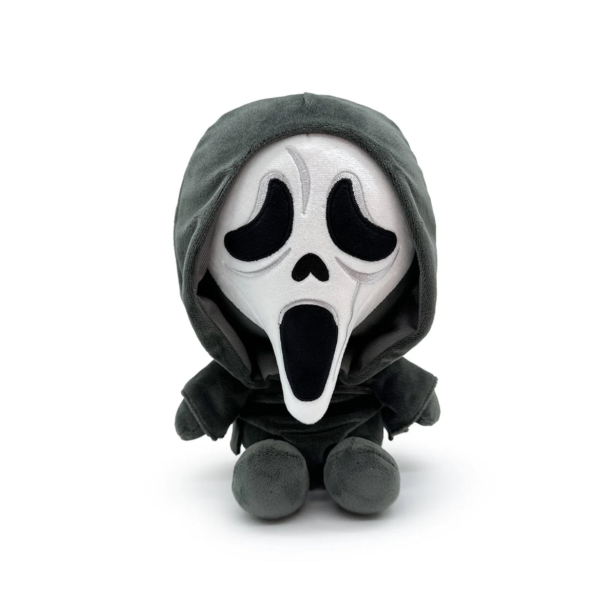 Plush toy with a ghost face mask and gray hood on a white background