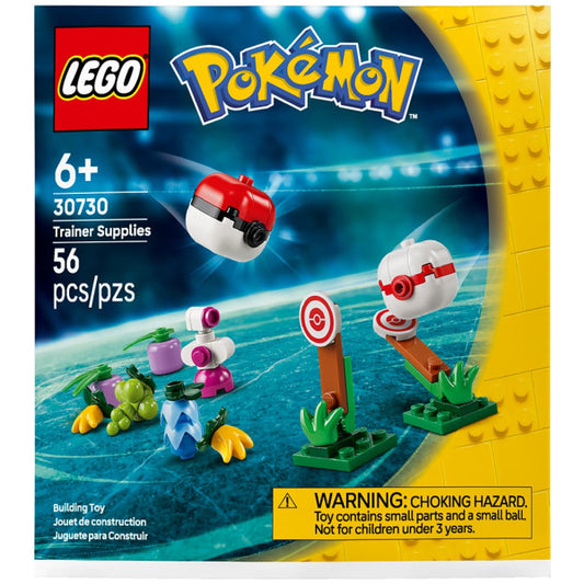 LEGO Pokémon Trainer Supplies box, set 30730, showing a blue and yellow retail package with toy imagery of Poké Balls, targets, and small toy structures.