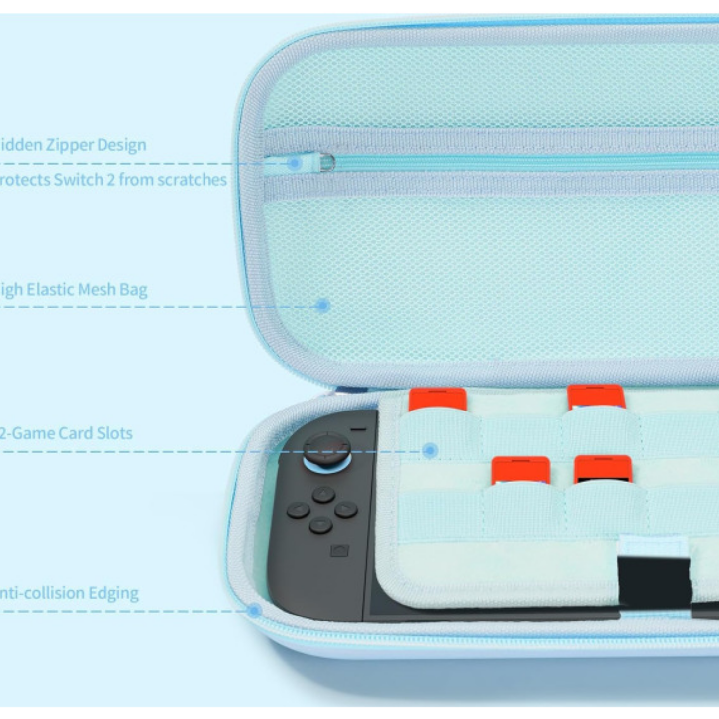 Light blue carrying case with a gaming console inside on a light blue background
