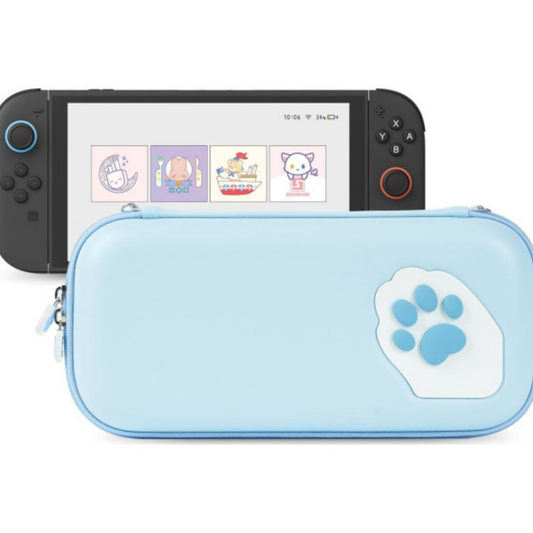 Gaming console with a blue case featuring a paw print design on a white background