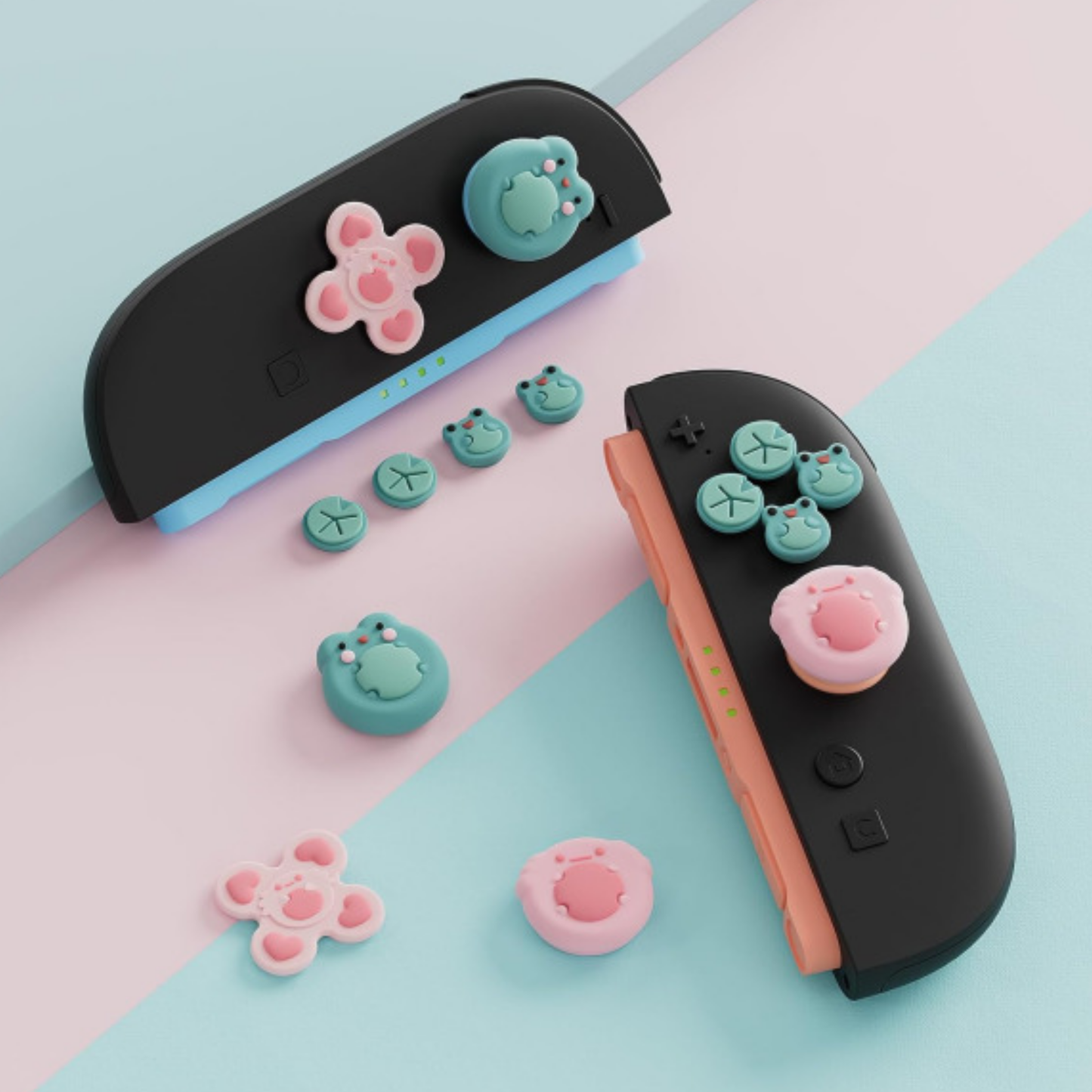 Frog Green & Pink Thumb & Button Grips (Set of 7) for Switch 2 Joy-Con