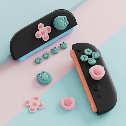 Frog Green & Pink Thumb & Button Grips (Set of 7) for Switch 2 Joy-Con