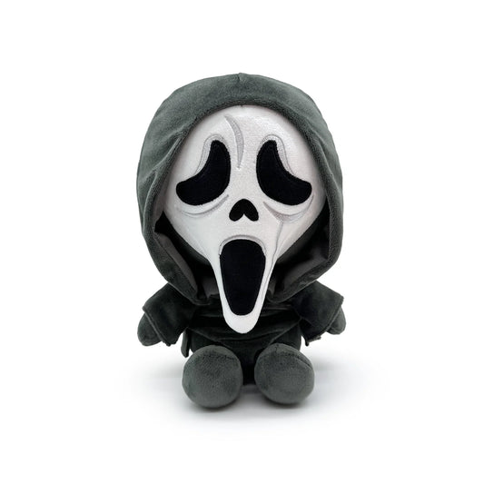 Plush toy with a ghost face mask and gray hood on a white background