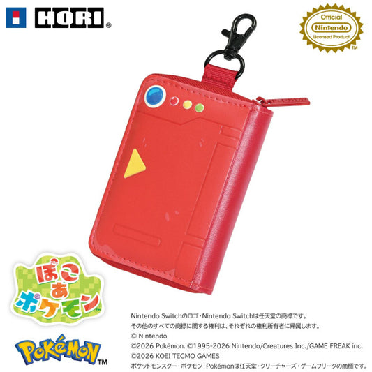 A red Nintendo Switch-themed Pokémon card holder wallet with a black carabiner clip, shown on a white background with official Nintendo and Hori branding.