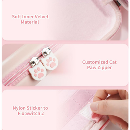 Pink bag with cat paw zipper and soft inner velvet material, showing a hand applying opening velcro.