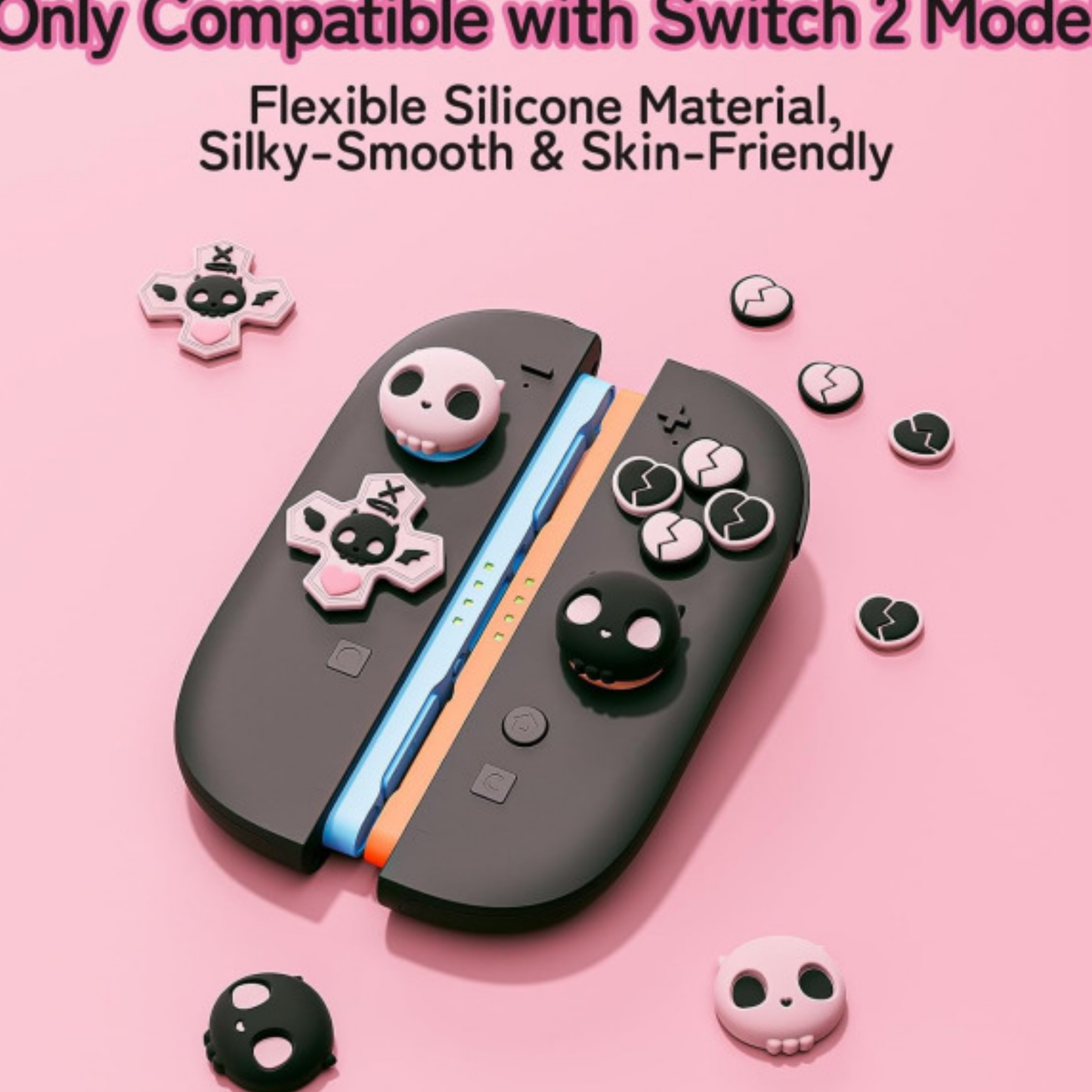 Sweetheart Skull Black & Pink Thumb & Button Grips(Set of 7)for Switch 2 Joy-Con
