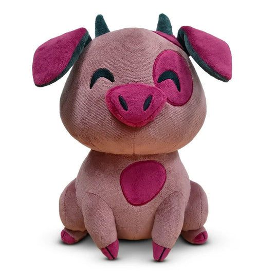 Plush toy pig with pink and purple colors on a white background
