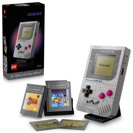 LEGO Nintendo Game Boy building set shown with the retail box, assembled gray Game Boy console on a display stand, two retro game cartridges, and two coin inserts on a clean white background.