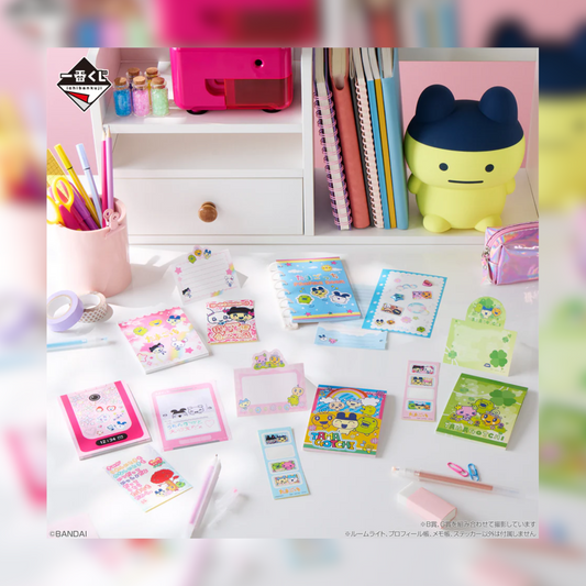 Desk with stationery items and a plush toy on a colorful background